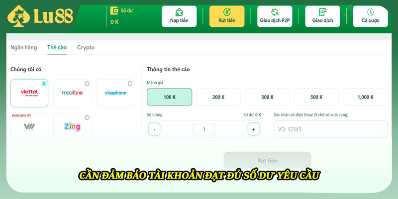 Cần đảm bảo tài khoản đạt đủ số dư yêu cầu